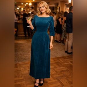 Vintage 1950-60s Teal Blue Velvet Maxi Cocktail Dress Neusteters Denver CO sz XS